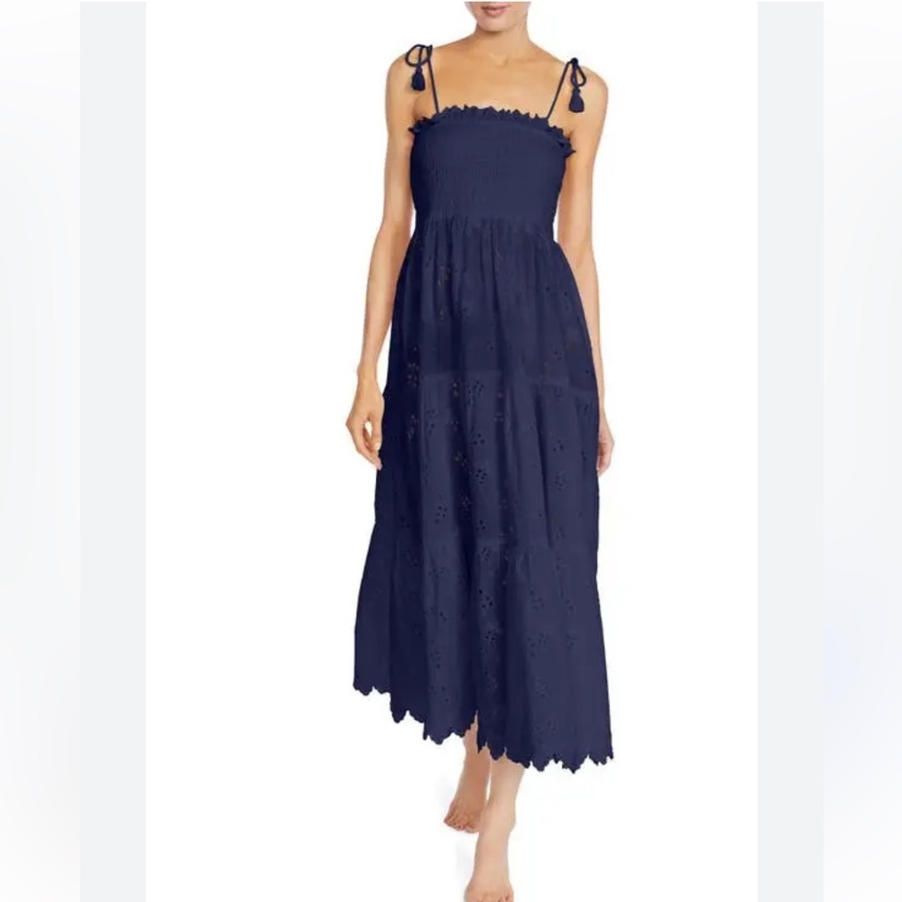 ROBIN PICCONE Daisy Flounce Cotton Eyelet Cover-Up Dress - Navy